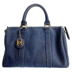 シャネル デニム レザー ブルー ボストンバッグ