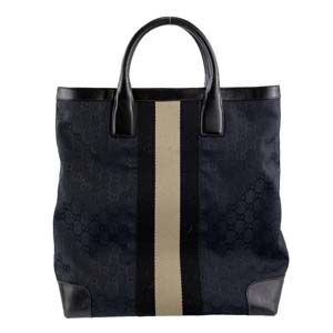 グッチ GGキャンバス シェリーライン キャンバス レザー ブラック トートバッグ