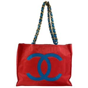 シャネル CCロゴ ナイロン レッド ブルー チェーン トートバッグ