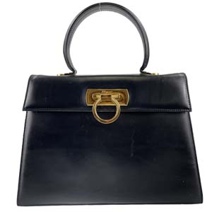 フェラガモ ガンチーニ レザー ブラック ハンドバッグ