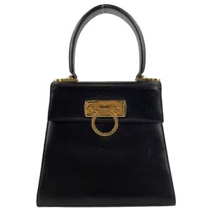 フェラガモ ガンチーニ レザー ブラック ハンドバッグ