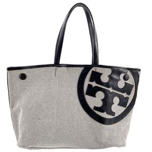 トリーバーチ キャンバス レザー ナチュラル ブラック トートバッグ