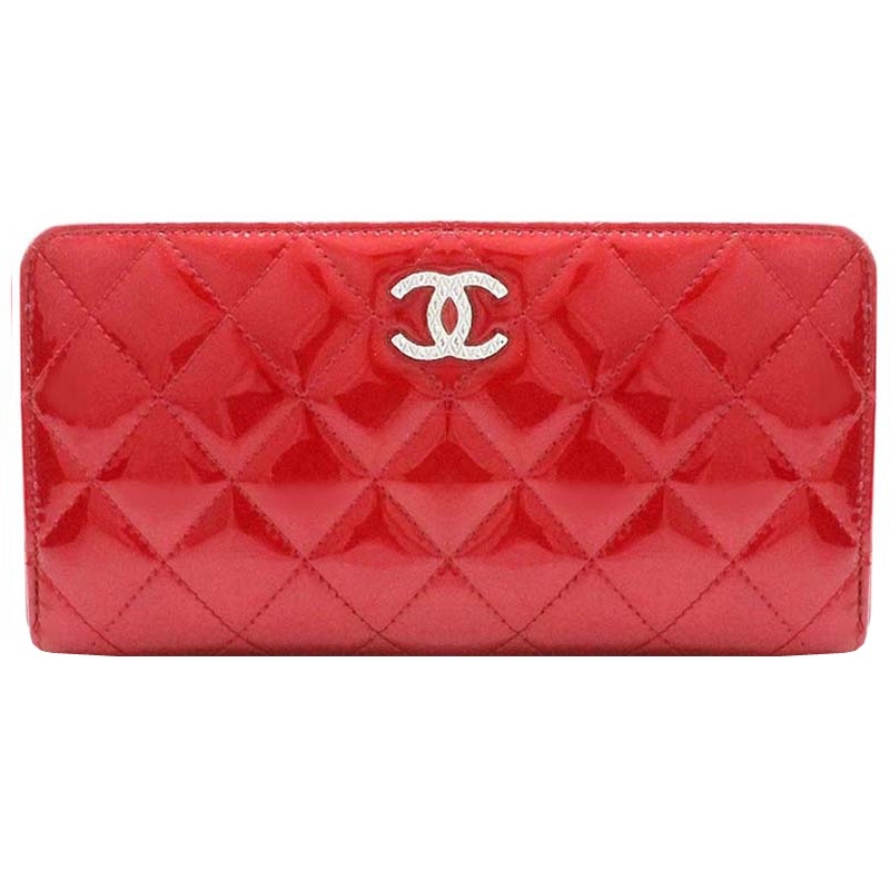 シャネル ブリリアント パテント レッド  ラウンドファスナー  長財布