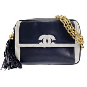 シャネル バイカラー ラムスキン タッセル ネイビー ホワイト 