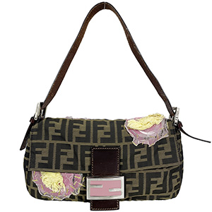 フェンディ マンマバゲット ズッカ 花柄刺繍 キャンバス レザー ブラウン ショルダーバッグ