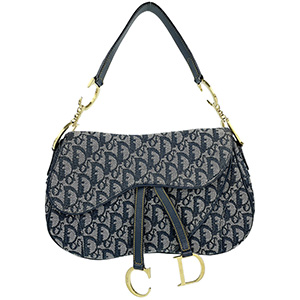 ディオール ダブルサドルバッグ トロッター キャンバス レザー ネイビー ハンドバッグ