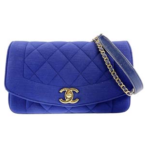 シャネル マトラッセ 22㎝ ダイアナフラップ コットン レザー ブルー ショルダーバッグ