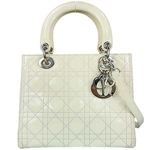 ディオール レディディオール カナージュ ミディアム パテント レザー ホワイト 2WAY ハンドバッグ