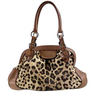 ドルチェ＆ガッバーナ キャンバス レザー レオパード柄 ブラウン ショルダーバッグ
