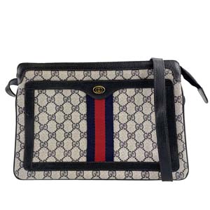 グッチ オールドグッチ シェリーライン PVC レザー アイボリー ネイビー ショルダーバッグ