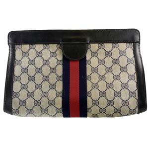 グッチ オールドグッチ シェリーライン PVC レザー アイボリー ネイビー セカンドバッグ