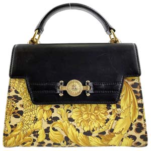 ジャンニ・ヴェルサーチェ PVC レザー レオパード柄 ブラック イエロー ハンドバッグ