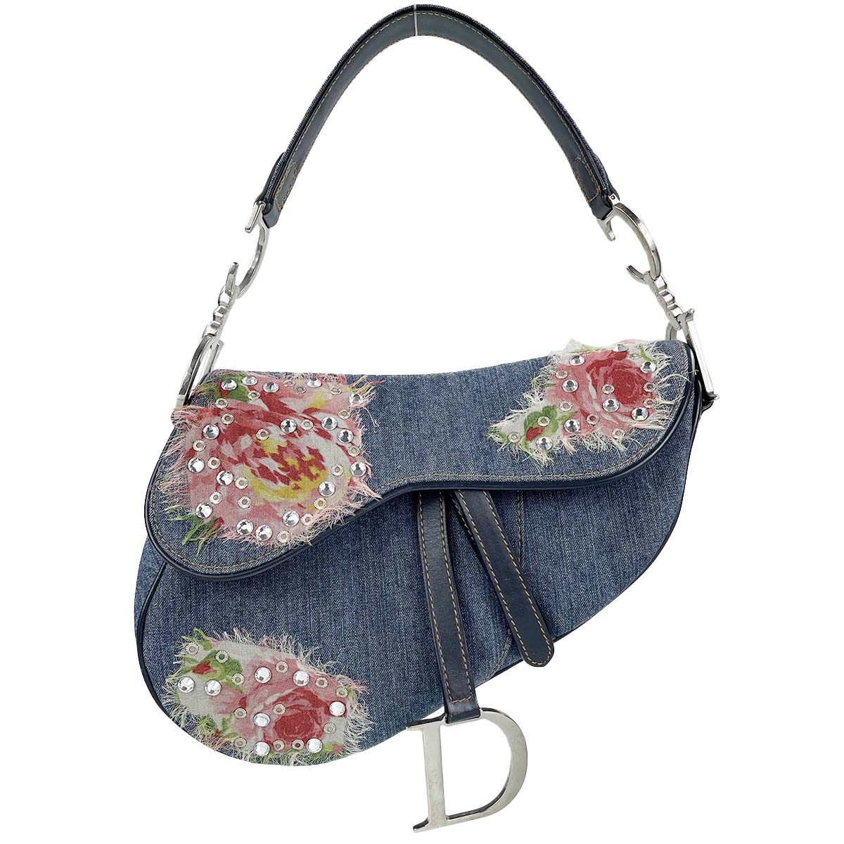 ディオール サドルバッグ デニム レザー フラワー刺繍 ネイビー ハンドバッグ