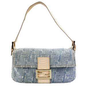 フェンディ マンマバゲット ズッカ デニム パイソン ライトブルー ショルダーバッグ