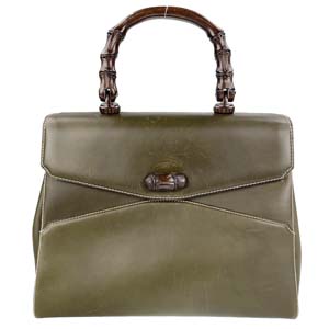 グッチ バンブー レザー カーキ ハンドバッグ