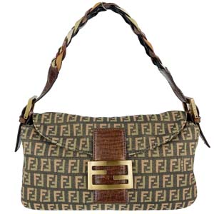フェンディ マンマバゲット ズッキーノ キャンバス レザー カーキ ブラウン ショルダーバッグ