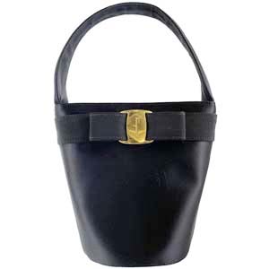 フェラガモ ヴァラ リボン バケツ ネイビー レザー ハンドバッグ