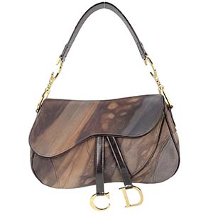 ディオール ダブルサドルバッグ ナイロン パテント ブラウン ショルダーバッグ