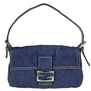 フェンディ マンマバゲット デニム レザー ネイビー ショルダーバッグ