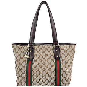 グッチ GGキャンバス シェリーライン キャンバス レザー ベージュ ブラウン トートバッグ