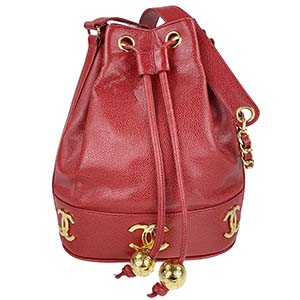 シャネル 23㎝ キャビアスキン トリプルココ レッド 巾着 ショルダーバッグ