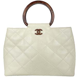 シャネル マトラッセ ウッドハンドル キャビアスキン ホワイト ハンドバッグ