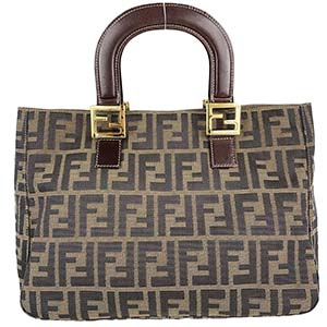 フェンディ ズッカ キャンバス レザー ブラウン ハンドバッグ