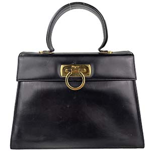 フェラガモ ガンチーニ レザー ブラック ハンドバッグ