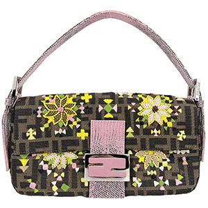 フェンディ マンマバゲット ビーズ 刺繍 キャンバス レザー ブラウン ピンク ショルダーバッグ