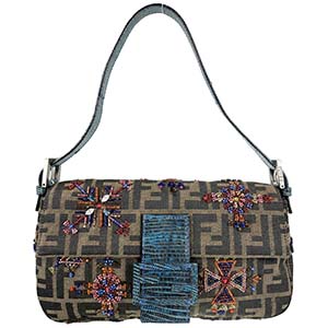 フェンディ マンマバゲット ズッカ ビーズ 刺繍 キャンバス レザー ブラウン ショルダーバッグ