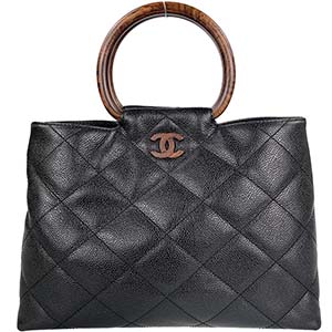 シャネル マトラッセ ウッドハンドル キャビアスキン ブラック ハンドバッグ