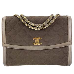 シャネル マトラッセ 24㎝ コットン レザー ブラウン ショルダーバッグ