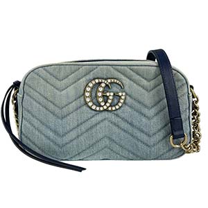 グッチ GGマーモント スモール キルティング デニム レザー ブルー ショルダーバッグ 