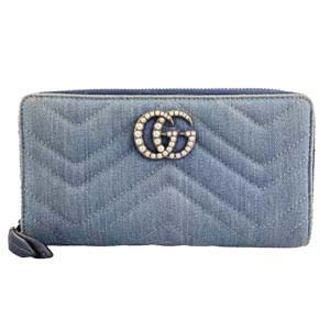 グッチ GGマーモント デニム レザー ラウンドファスナー 長財布