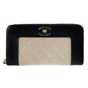シャネル マドモアゼル ラムスキン ブラック ベージュ 長財布