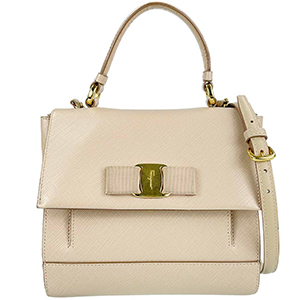 フェラガモ ヴァラ リボン レザー ピンクベージュ 2WAY ハンドバッグ