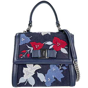 フェラガモ ヴァラ リボン デニム レザー ネイビー 2WAY ハンドバッグ