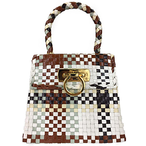 フェラガモ ガンチーニ 編み込み レザー ホワイト ブラウン ハンドバッグ