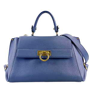 フェラガモ ガンチーニ レザー ブルー 2WAY ハンドバッグ
