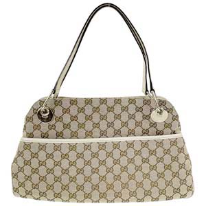 グッチ GGキャンバス キャンバス レザー ベージュ ホワイト ショルダーバッグ