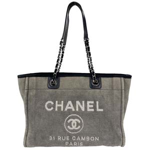 シャネル ドーヴィル ミディアムトートMM キャンバス レザー グレー トートバッグ