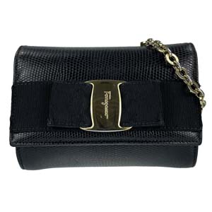 フェラガモ ヴァラ リボン リザード型押し レザー ブラック ミニ ショルダーバッグ