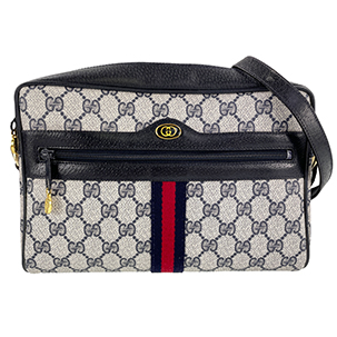 グッチ オールドグッチ シェリーライン PVC レザー グレー ネイビー ショルダーバッグ