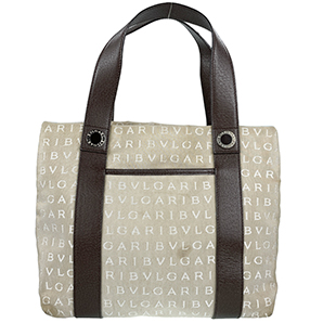 ブルガリ ロゴマニア キャンバス レザー ベージュ ブラウン トートバッグ