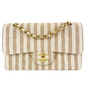 シャネル マトラッセ 23㎝ ストライプ リネン ベージュ ブラウン ショルダーバッグ