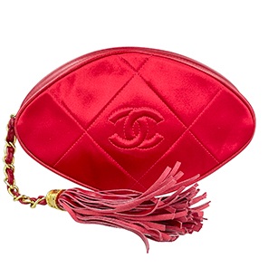 シャネル マトラッセ 19㎝ フリンジ サテン レザー レッド チェーン ポーチ