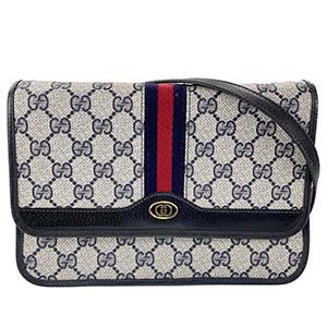 グッチ オールドグッチ シェリーライン PVC レザー グレー ネイビー ショルダーバッグ