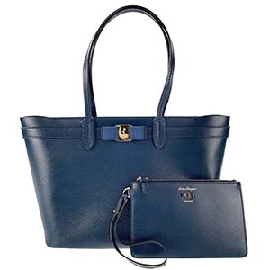 フェラガモ ヴァラ リボン レザー ブルー トートバッグ