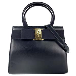 フェラガモ ヴァラ リボン レザー ネイビー 2WAY ハンドバッグ