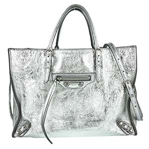 バレンシアガ ペーパー A6 ジップアップラウンド レザー シルバー 2WAY ハンドバッグ